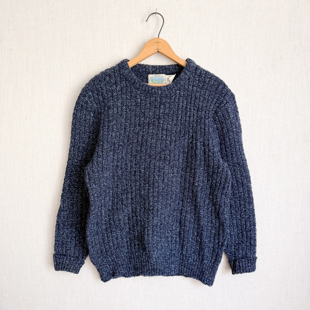 Royal North Mills Sweater Wool Blend Ribbed Knit Medium Blue Crewneck